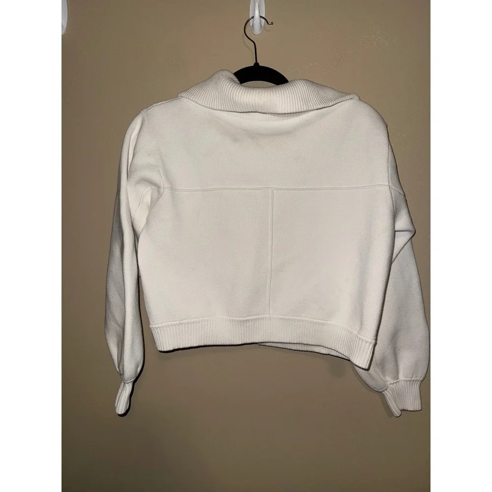 Mint Velvet Cream Knit Zip Up Bomber Jacket Cropped Ivory Size M Minimalist